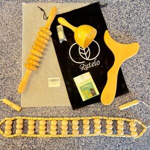 Wood Massage Tool Set w/ 4 Specialty Pieces Sample Oil and Carry Bag Cellulite